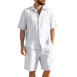 Image of Men's Striped Jacquard Loose Short Sleeve Shirt Beach Shorts Two-piece Set