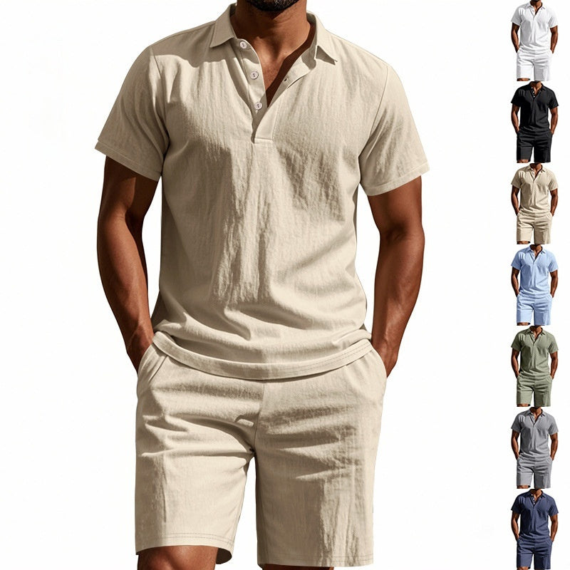 Image of Summer Men's Loose Casual Linen Breathable Short Beach Sleeve Shorts Suit