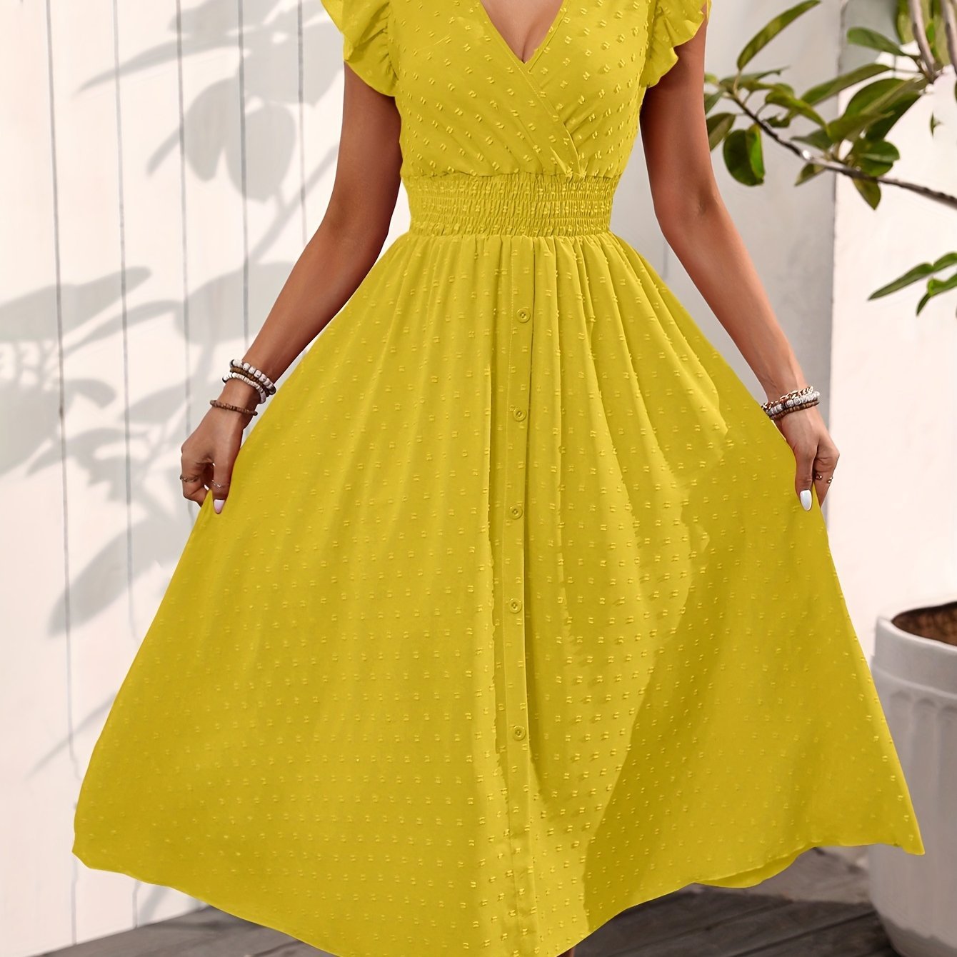 Image of Elegant V-neck Ruffled Sleeve Women's Summer Short Sleeve Maxi Dress