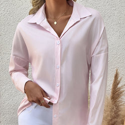 Image of Women's Striped Lapel Long Sleeved Shirt Top