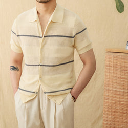 Image of Lapel Casual Fashion Cotton Linen Short Sleeve Knitted Cardigan