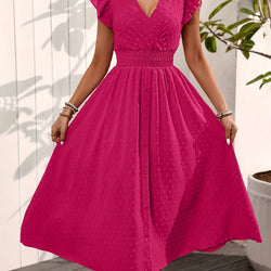 Image of Elegant V-neck Ruffled Sleeve Women's Summer Short Sleeve Maxi Dress