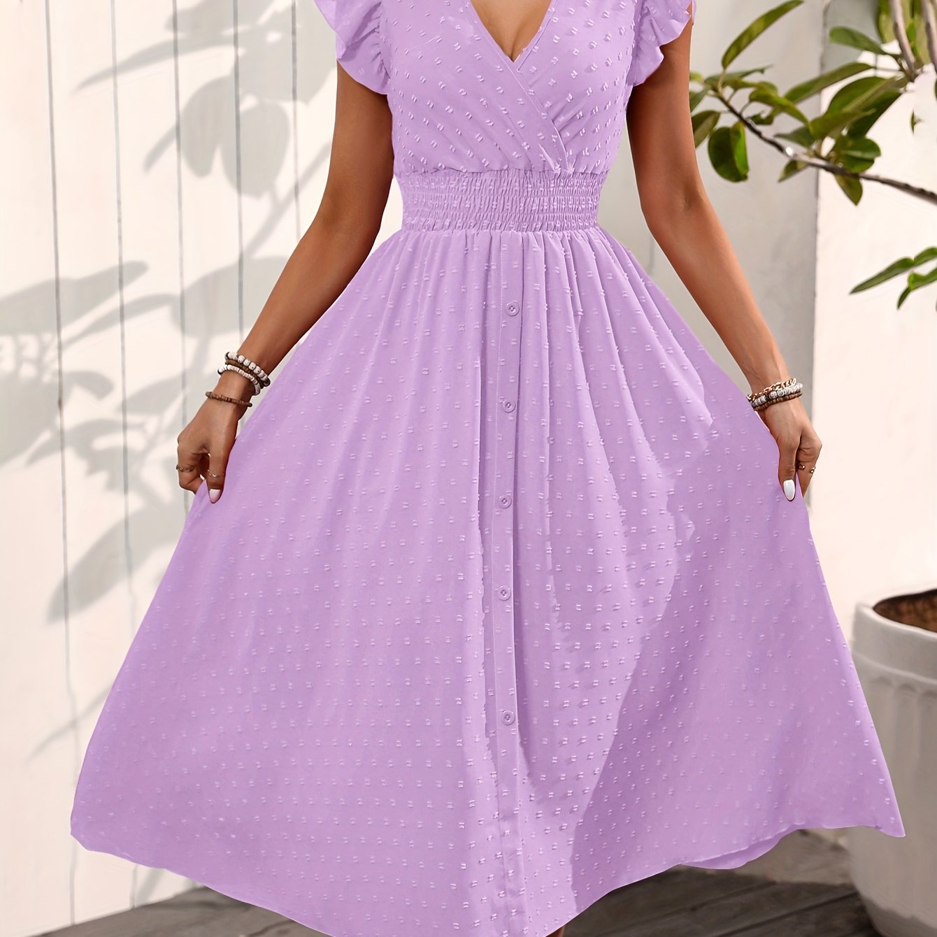 Image of Elegant V-neck Ruffled Sleeve Women's Summer Short Sleeve Maxi Dress