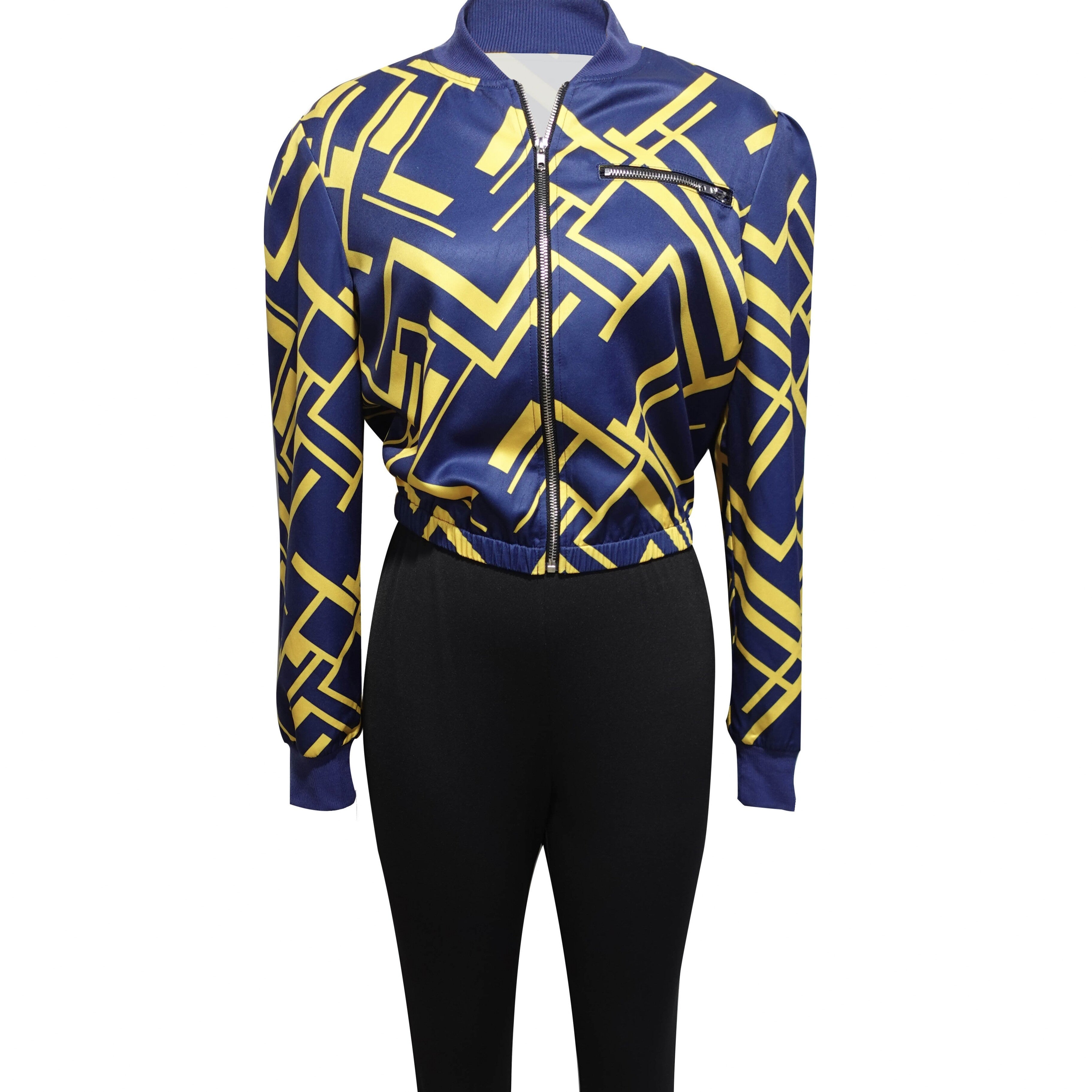 Image of Women's V-neck Zipper Trendy Digital Print Long Sleeved Sweatshirt Jacket Long Pants Set