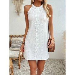 Image of Women's Elegant Halter Neck Sleeveless Mini Dress Eyelet Embroidery A Line Short Dress