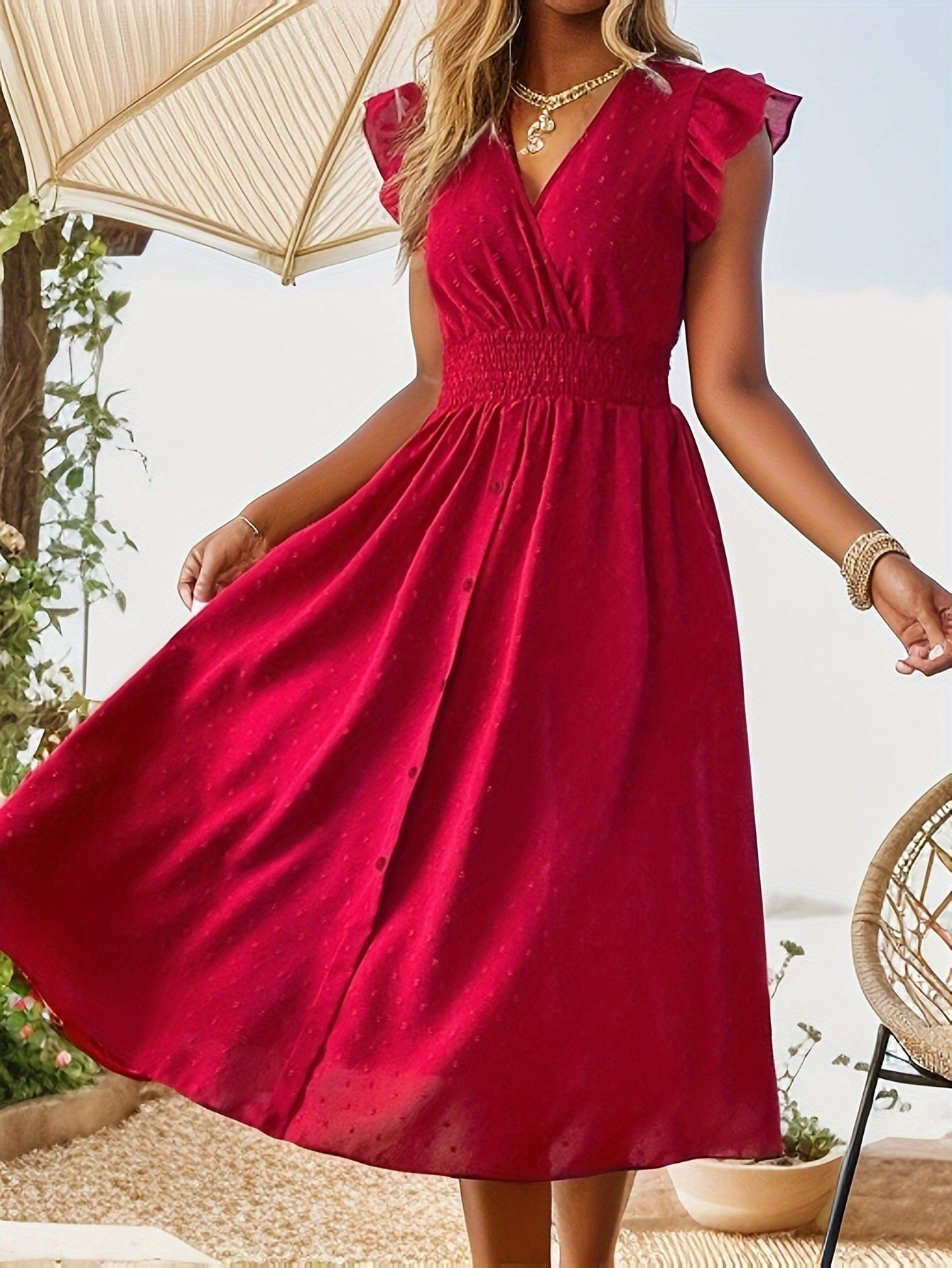 Image of Elegant V-neck Ruffled Sleeve Women's Summer Short Sleeve Maxi Dress