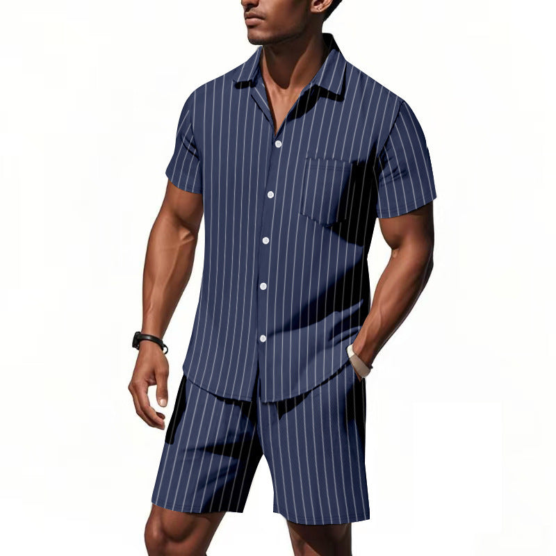 Image of Men's Striped Jacquard Loose Short Sleeve Shirt Beach Shorts Two-piece Set
