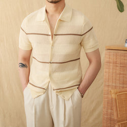 Image of Lapel Casual Fashion Cotton Linen Short Sleeve Knitted Cardigan
