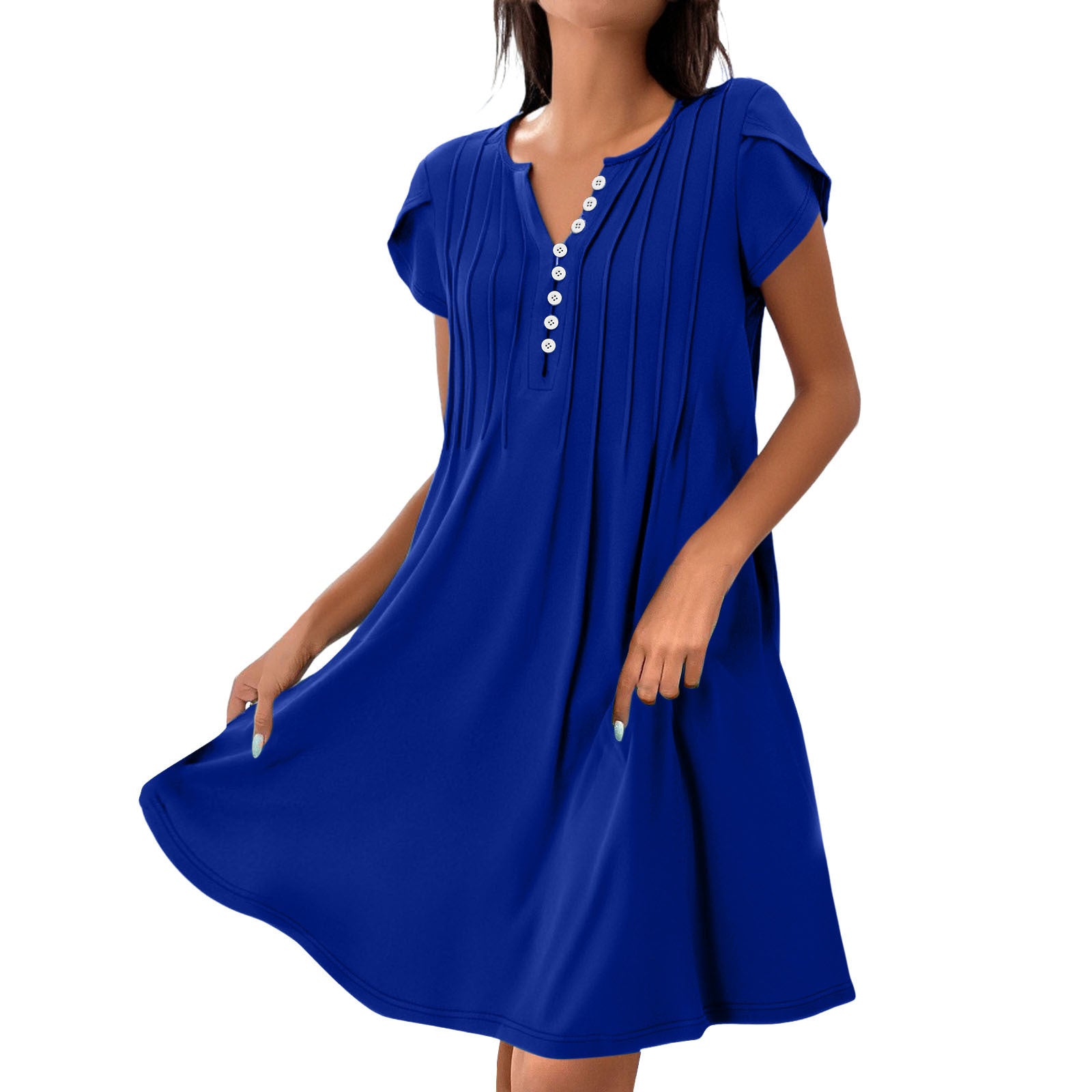 Image of V-neck Solid Color Pullover Comfort And Casual Button Dress