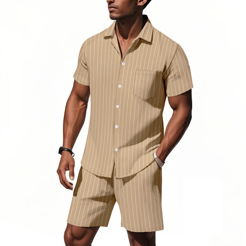 Image of Men's Striped Jacquard Loose Short Sleeve Shirt Beach Shorts Two-piece Set
