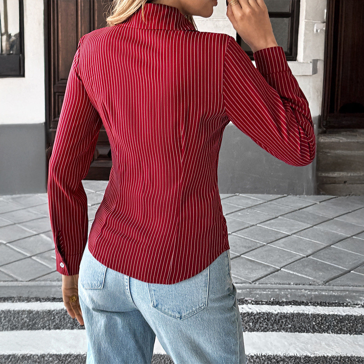 Image of Holiday Casual Style Polo Collar Stripes Shirt Women's Clothing