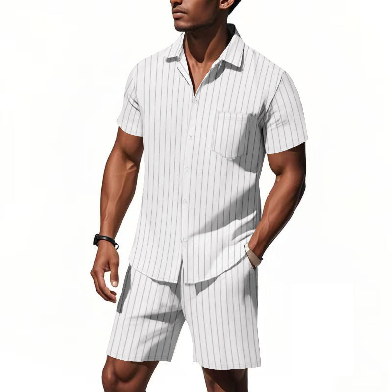 Image of Men's Striped Jacquard Loose Short Sleeve Shirt Beach Shorts Two-piece Set