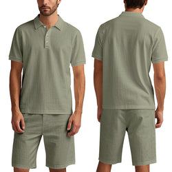 Image of Summer Men's Loose Casual Linen Breathable Short Beach Sleeve Shorts Suit