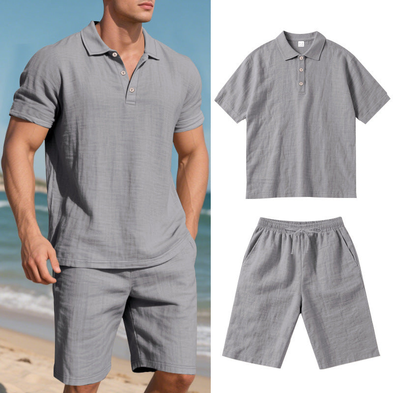 Image of Summer Men's Loose Casual Linen Breathable Short Beach Sleeve Shorts Suit